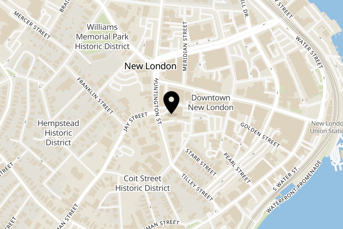 Map showing the location of Woodfellas Pizza New London on 45 Huntington St in New London